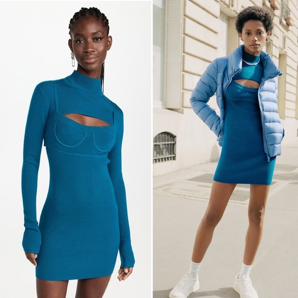 NWT MONSE Bra Short Knit Ribbed Layered Sweater Dress in Teal Blue size small - Picture 2 of 10